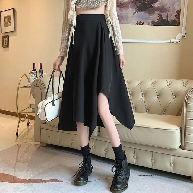 Asymmetrical Skirt Elastic Midi Plain A-Line Waist
