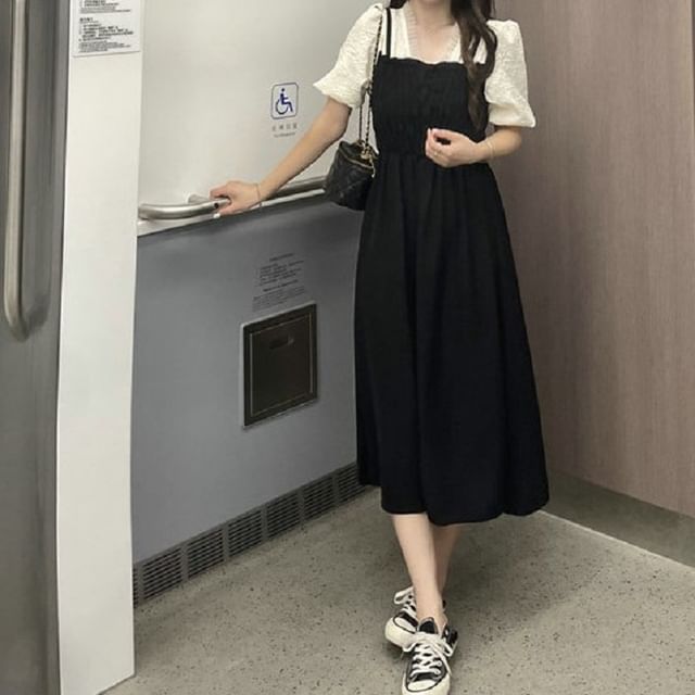 Mock A-Line Dress Two Piece Puff Ruched Sleeve V-Neck Midi