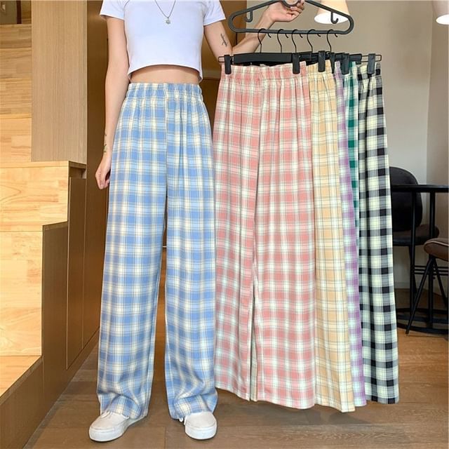 Elastic Plaid Wide Leg Waist Pants