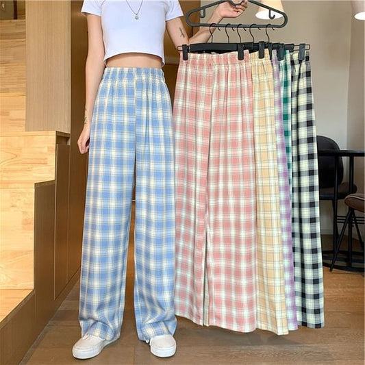 Elastic Plaid Wide Leg Waist Pants