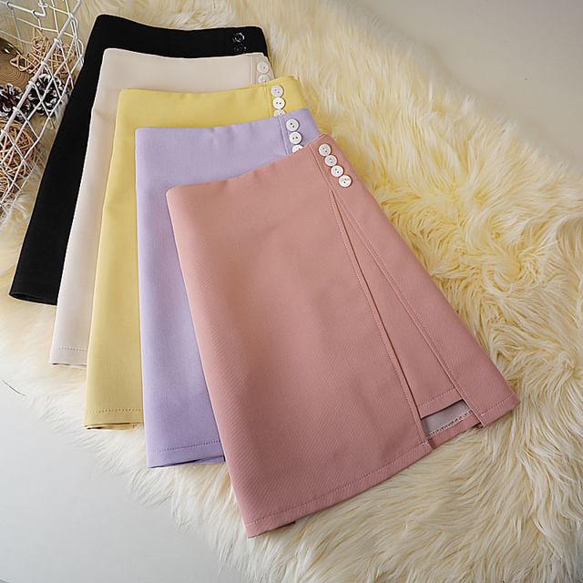 Mini Waist Skirt High Plain A-Line Button Panel