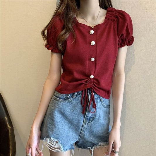 Short-Sleeve Knit Neck Button Plain Faux Square Pearl Drawstring Top