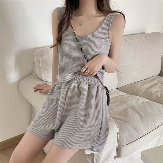 Scoop Elastic Waist Shorts + Neck Top Sweat Set: Tank Plain