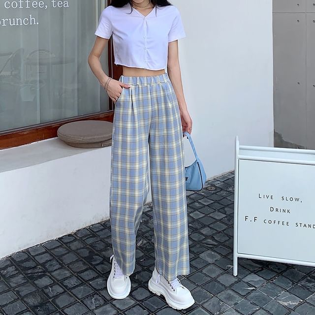 Elastic Plaid Wide Leg Waist Pants