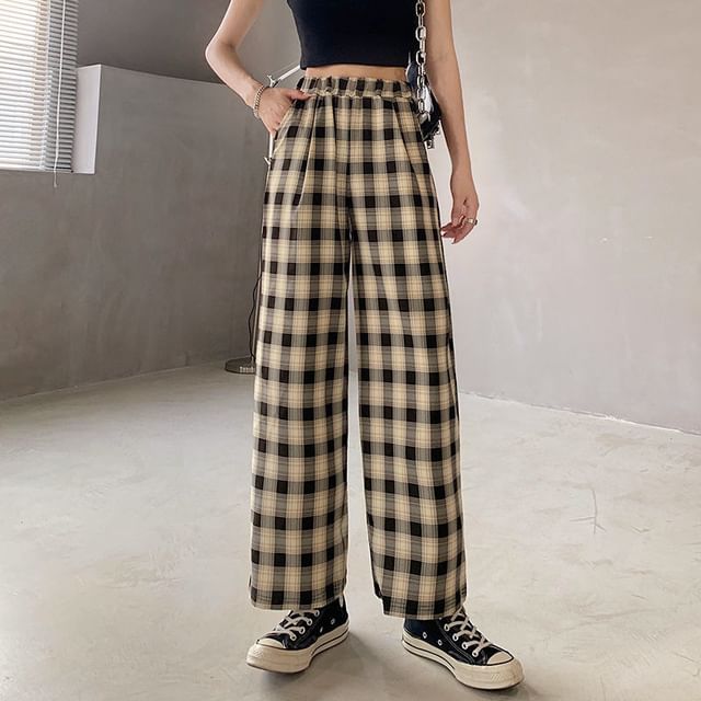 Elastic Plaid Wide Leg Waist Pants