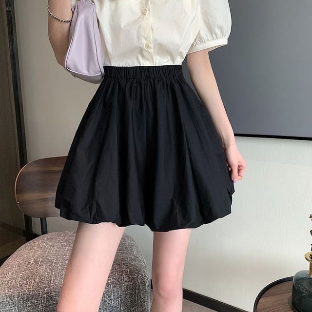 Mini A-Line Waist Balloon Plain Elastic Skirt