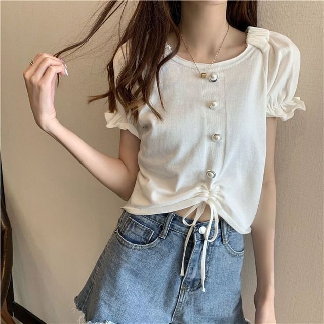 Short-Sleeve Knit Neck Button Plain Faux Square Pearl Drawstring Top