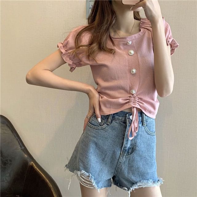 Short-Sleeve Knit Neck Button Plain Faux Square Pearl Drawstring Top