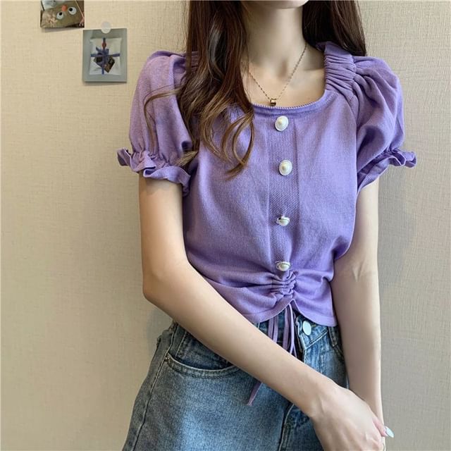 Short-Sleeve Knit Neck Button Plain Faux Square Pearl Drawstring Top