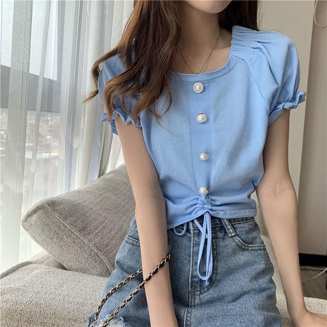 Short-Sleeve Knit Neck Button Plain Faux Square Pearl Drawstring Top