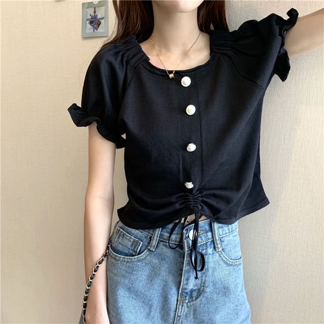 Short-Sleeve Knit Neck Button Plain Faux Square Pearl Drawstring Top