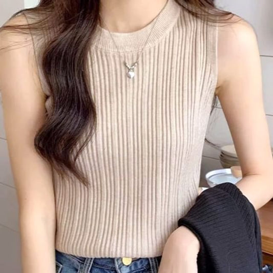 Knit Neck Top Ribbed Tank Crew Plain