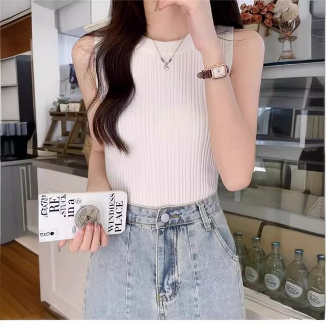 Knit Neck Top Ribbed Tank Crew Plain