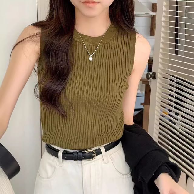 Knit Neck Top Ribbed Tank Crew Plain