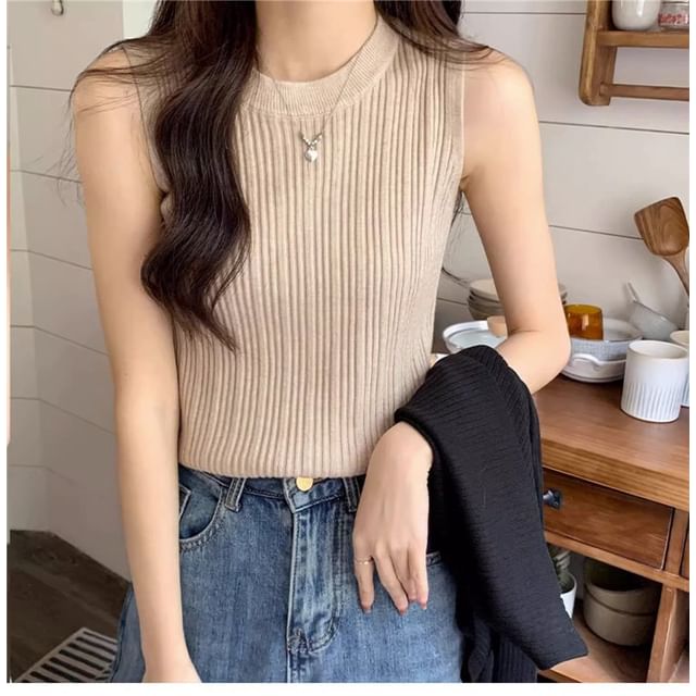Knit Neck Top Ribbed Tank Crew Plain