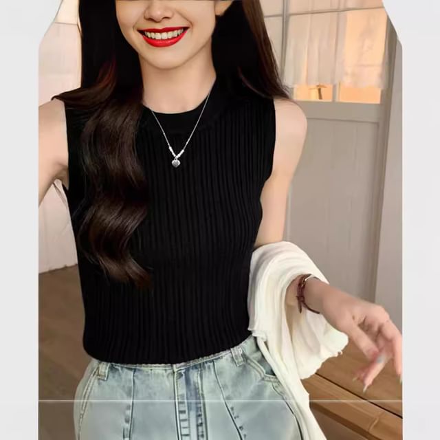 Knit Neck Top Ribbed Tank Crew Plain