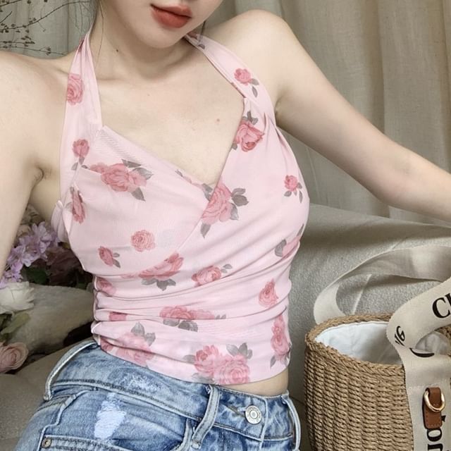 Cardigan Halter Print / Top Crop Floral Neck Plain