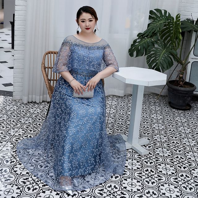 A-Line Floral Gown Plus Size Mesh Evening Elbow-Sleeve