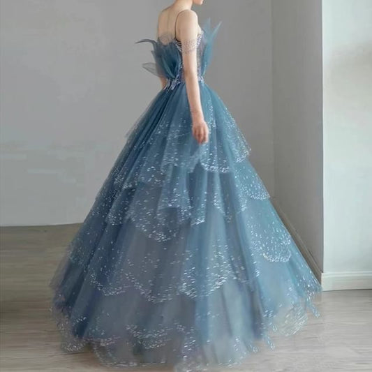 V-Neck Applique Spaghetti Gown Floral Strap Tiered Mesh A-Line Evening