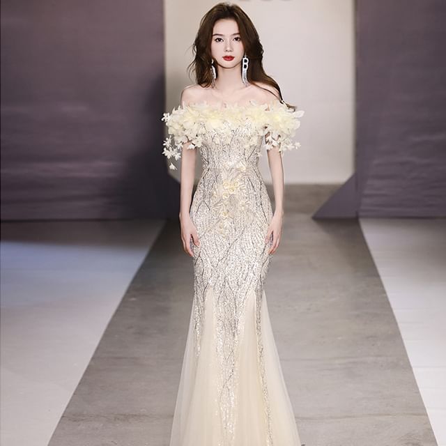 Off-Shoulder Sequin Flower Gown Mermaid Detail Evening