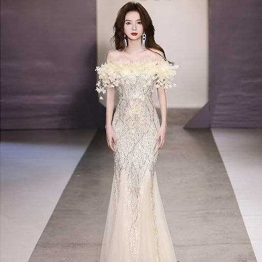 Off-Shoulder Sequin Flower Gown Mermaid Detail Evening