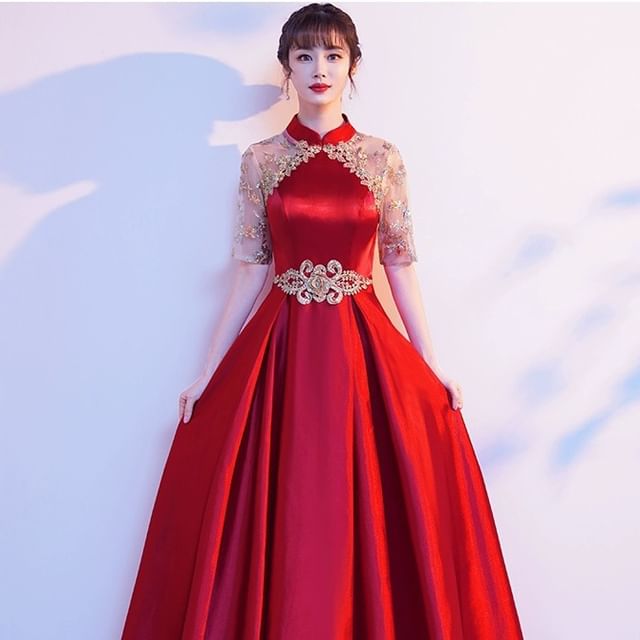 A-Line Evening Short-Sleeve Gown Sequin