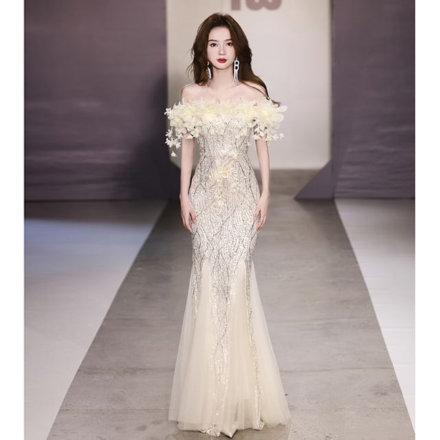 Off-Shoulder Sequin Flower Gown Mermaid Detail Evening