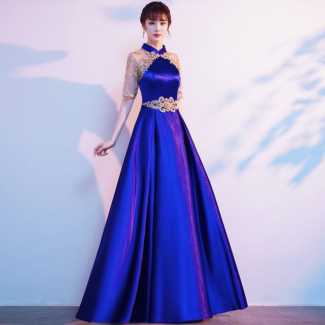 A-Line Evening Short-Sleeve Gown Sequin