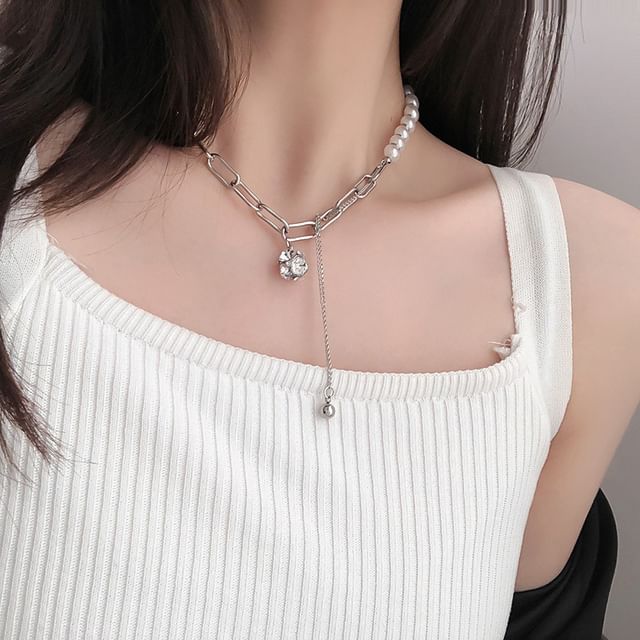 Pearl Rhinestone Chain Faux Necklace