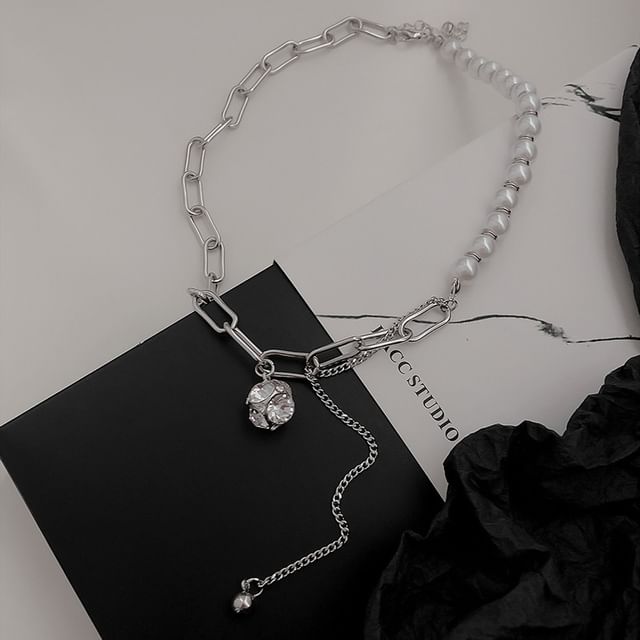 Pearl Rhinestone Chain Faux Necklace