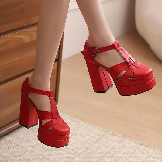 Plain Chunky Sandals Leather Faux Buckled Heel