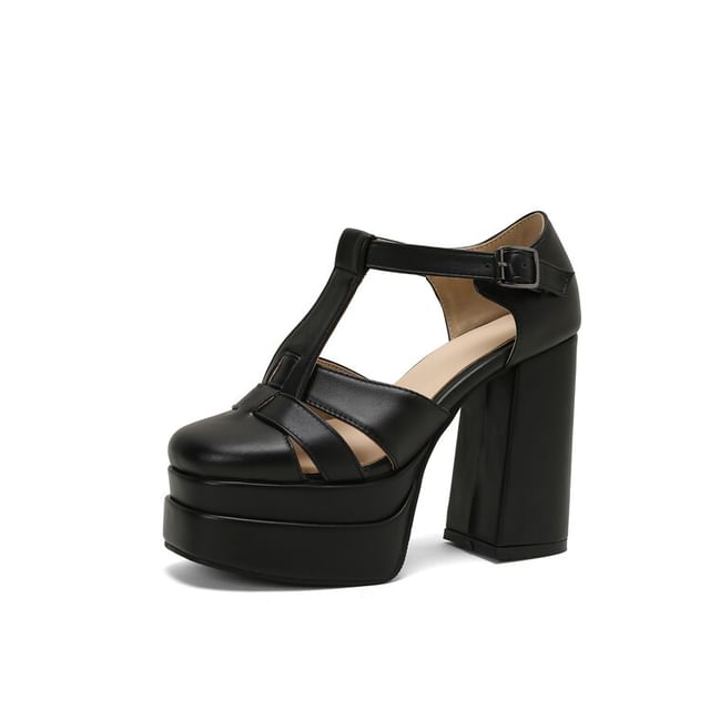 Plain Chunky Sandals Leather Faux Buckled Heel