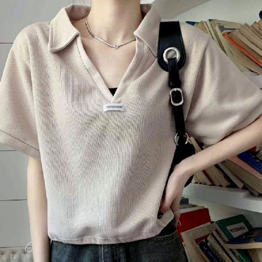 V-Neck Shirt Polo Short-Sleeve Applique Hem Drawstring