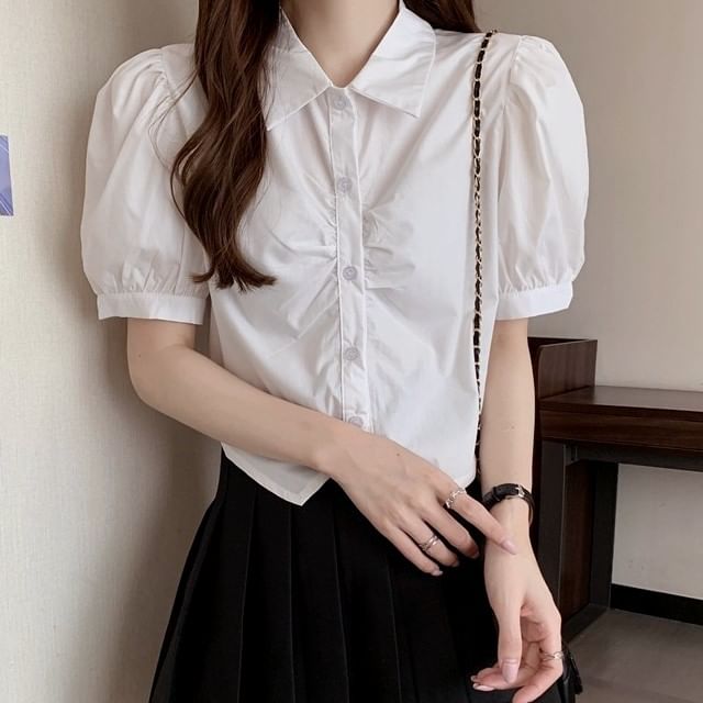Crop Short-Sleeve Plain Shirt