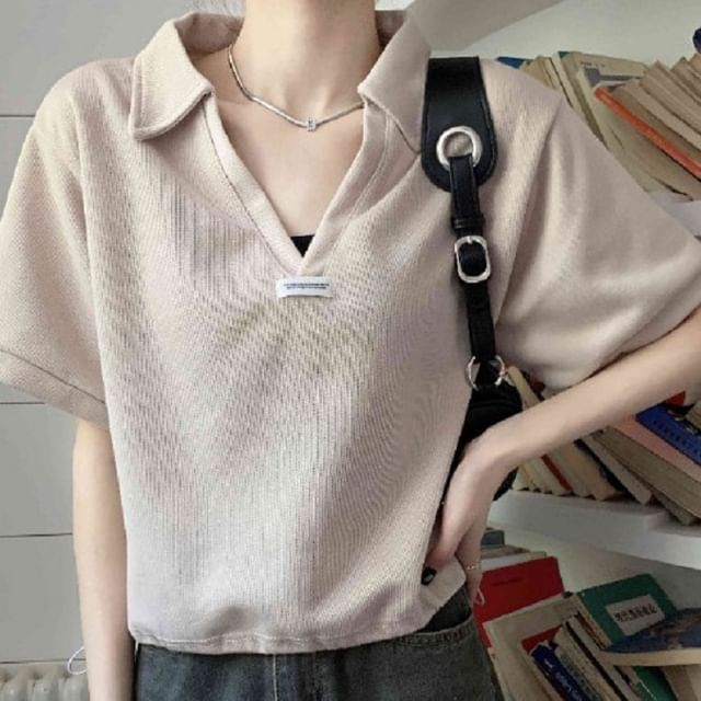 V-Neck Shirt Polo Short-Sleeve Applique Hem Drawstring