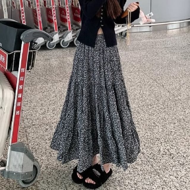 Elastic A-Line Floral Midi Waist Skirt