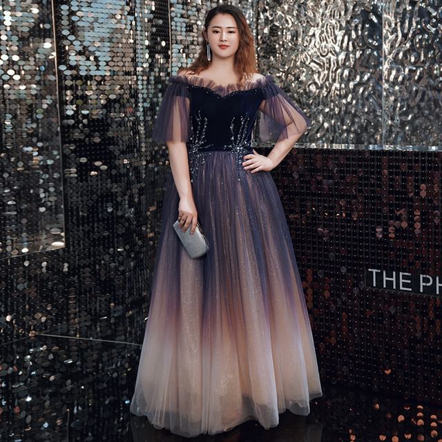 A-Line Short-Sleeve Gradient Size Off-Shoulder Gown Evening Sequin Plus