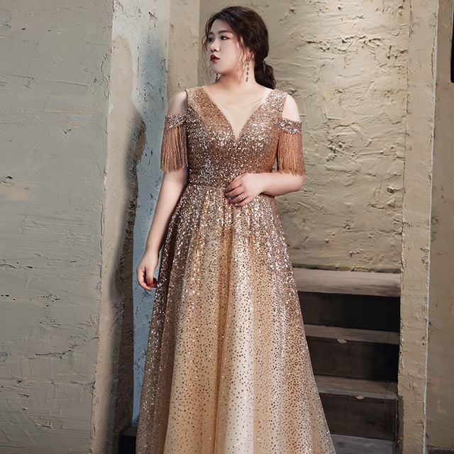 Sequin Gown Fringed Plus A-Line Evening Size Cold-Shoulder