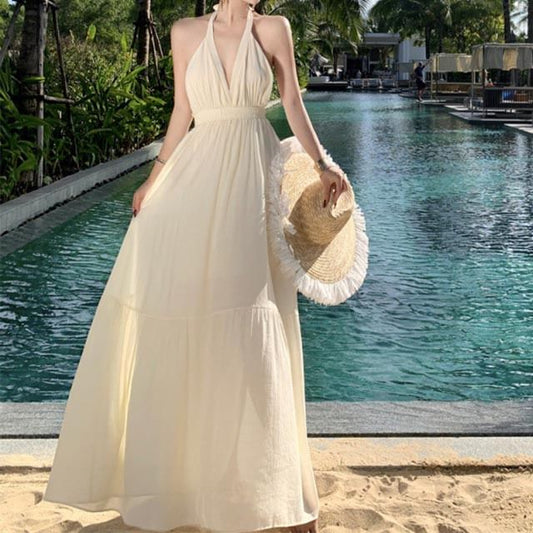 Plain A-Line Dress Halter V-Neck Maxi