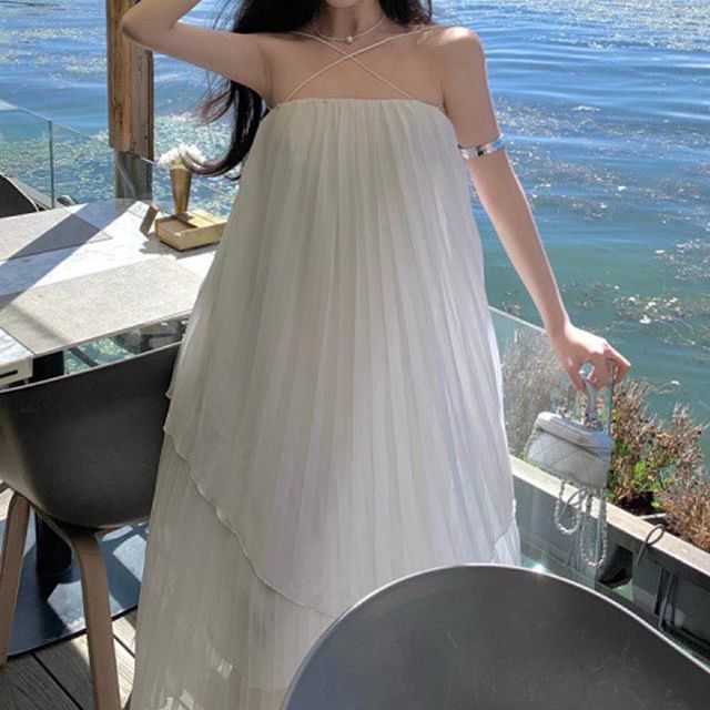 Dress Plain Pleated Spaghetti Strap Midi