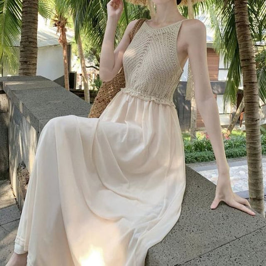 Dress Panel A-Line Plain Spaghetti Strap Knit Maxi