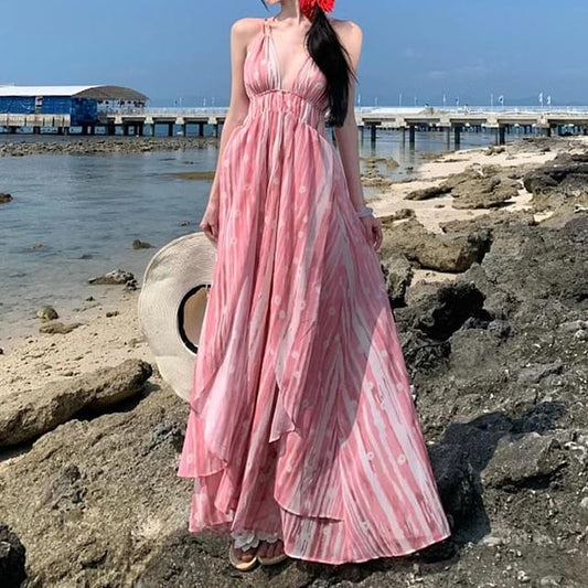 Patterned A-Line Strap Maxi V-Neck Spaghetti Dress