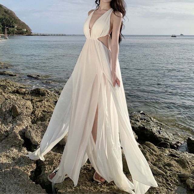 A-Line Maxi V-Neck Dress Plain Sleeveless