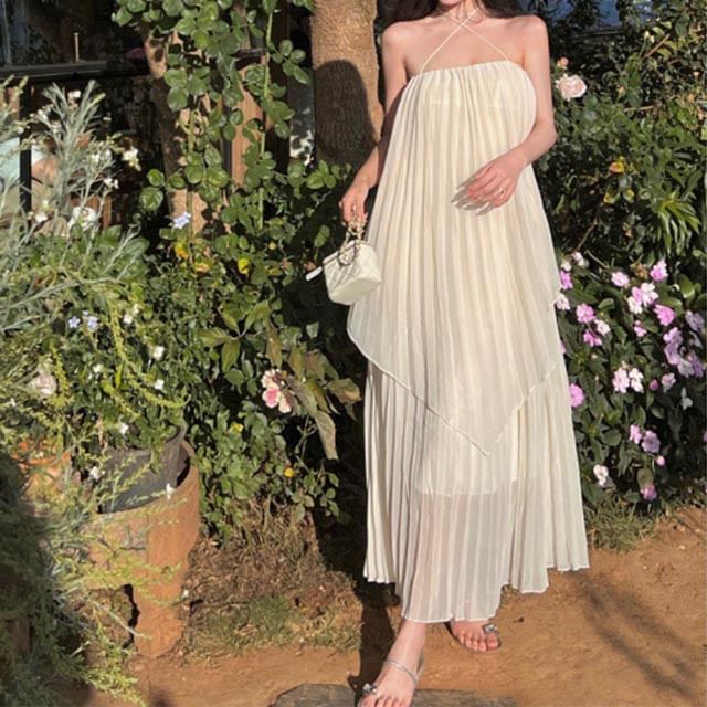 Dress Plain Pleated Spaghetti Strap Midi