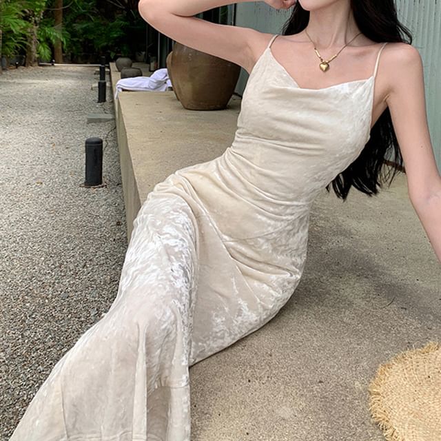 Strap Neck Spaghetti Dress Plain Cowl Mermaid Maxi