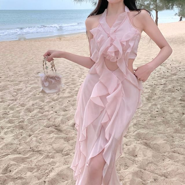 Mini Cutout Plain A-Line Ruffle Neck Trim Dress Halter