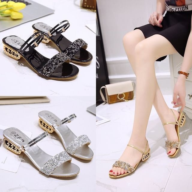 Heel Low Sandals Sequin