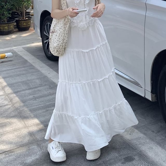 Skirt Top Rise A-Line / Tank Trim Plain Lace Maxi High