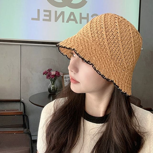 Contrast Trim Bucket Woven Hat