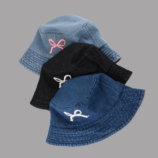 Embroidered Bucket Denim Bow Hat
